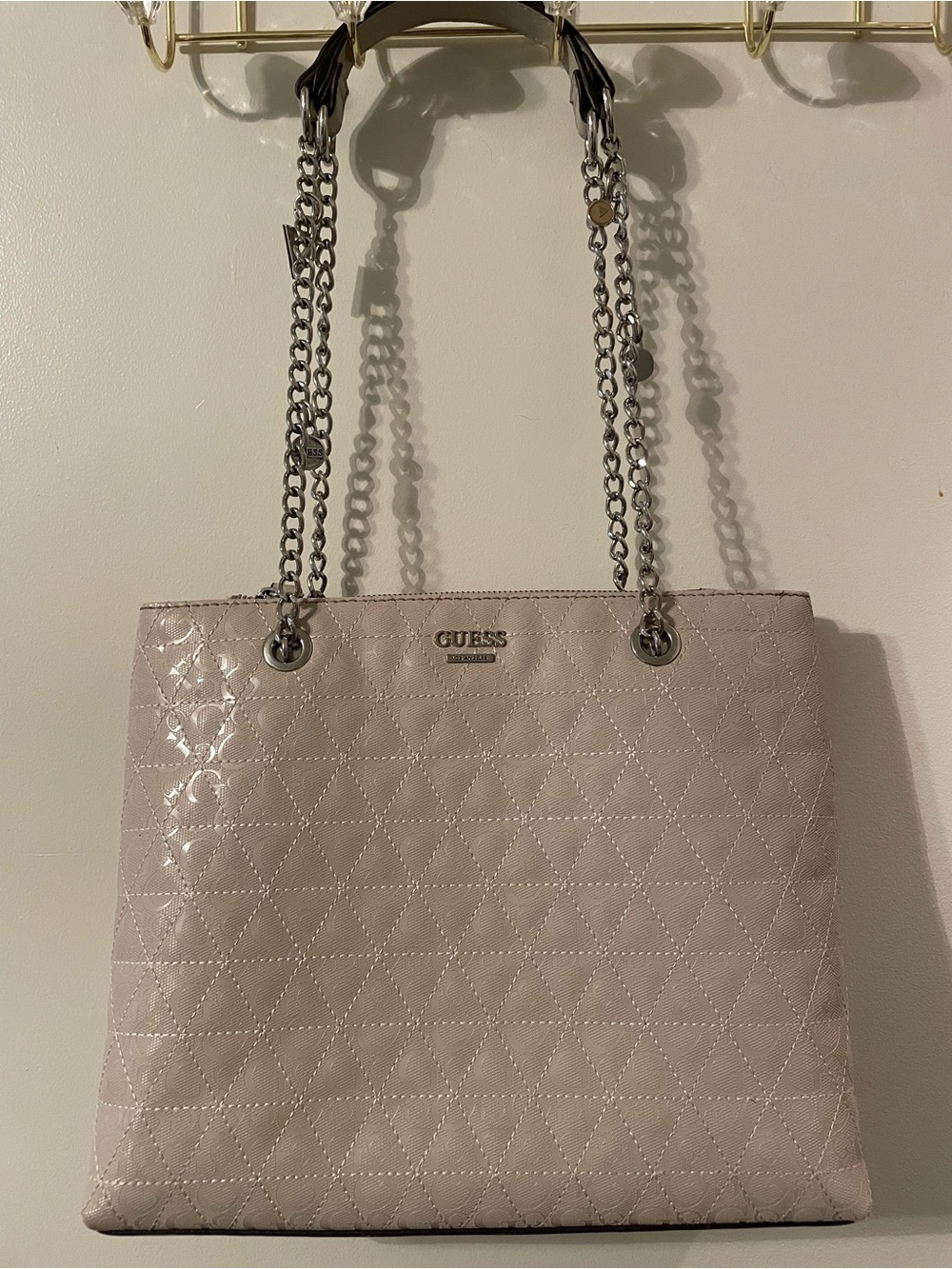 Guess Quilted Patent Shoulder Tote in Light Blush